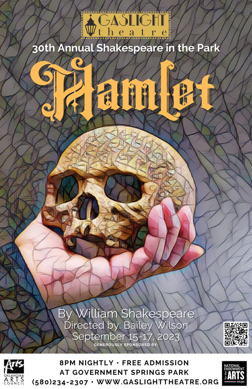 A hand holds a detailed skull, prominently featuring the title "Hamlet" in ornate lettering, advertising the 30th Annual Shakespeare in the Park event hosted by Gaslight Theatre.