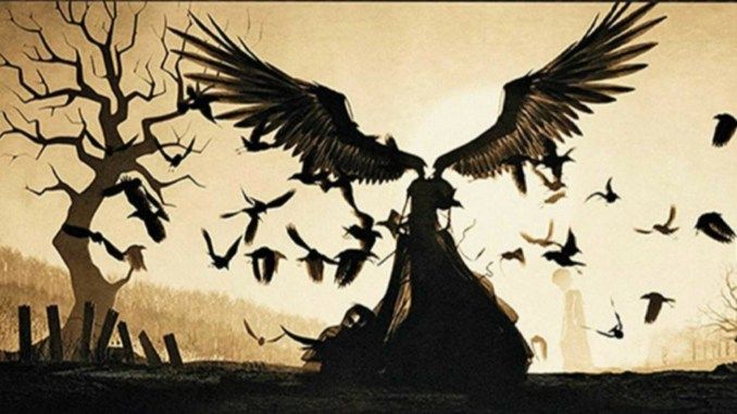 A figure with large, dark wings stands amidst swirling birds, flanked by a twisted tree and shadowy silhouettes, evoking a mystical and eerie atmosphere.