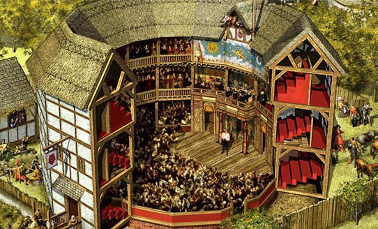 A detailed illustration of a 16th-century theater, resembling the Globe Theatre, features a lively crowd watching a performance on stage, surrounded by multi-tiered seating and a thatched roof.