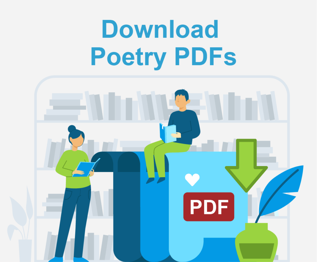 Two people are depicted reading books in front of a bookshelf, with a design element suggesting the availability of downloadable poetry PDFs.