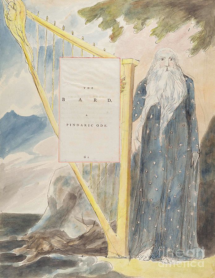 A bearded figure in a flowing blue robe adorned with stars stands beside a large harp, with the title "The Bard: A Pindaric Ode" prominently displayed above.