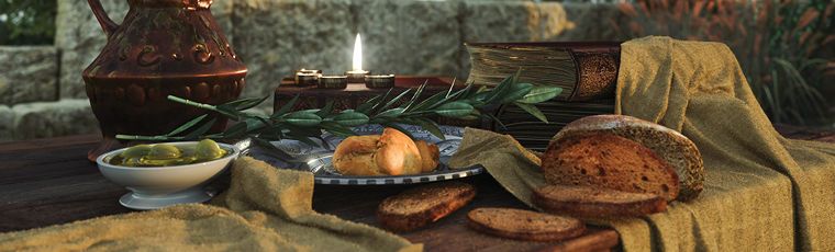 A rustic dining setup featuring a copper jug, a flickering candle, an array of bread, olives, and decorative greenery, all arranged on a wooden table.