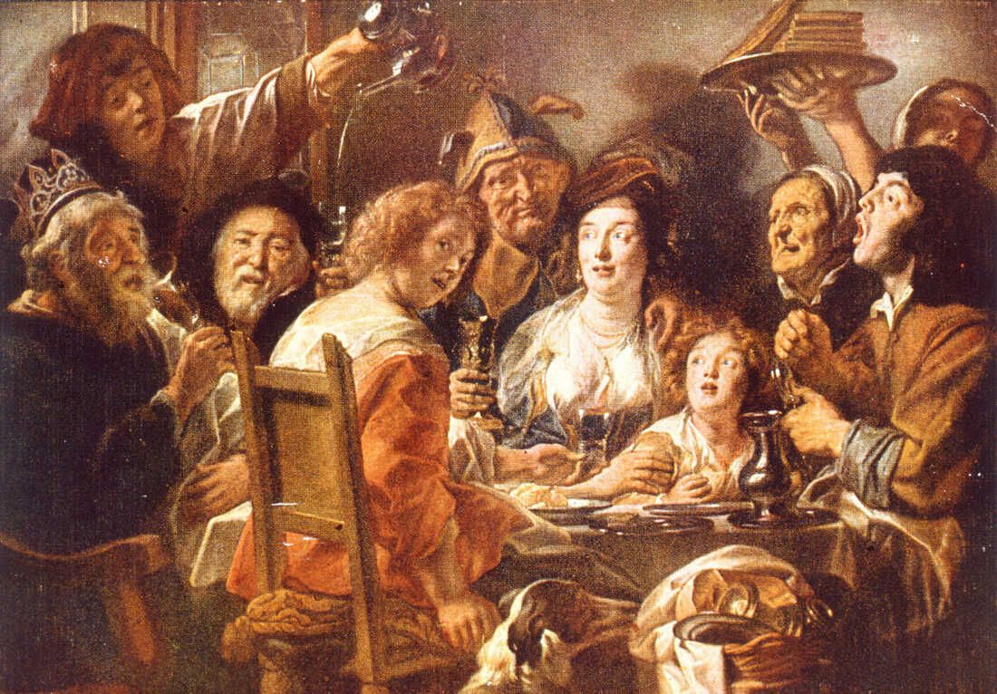 A lively gathering of figures around a table is depicted, with people engaged in conversation, laughter, and drinking, evoking the atmosphere of a bustling pub during Shakespeare's time.