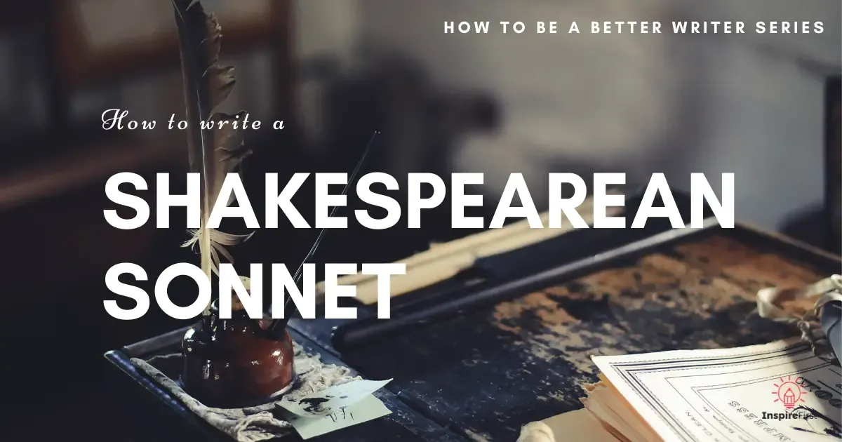 A quill stands next to an inkwell on a rustic desk, accompanied by scattered papers that suggest a focus on crafting a Shakespearean sonnet