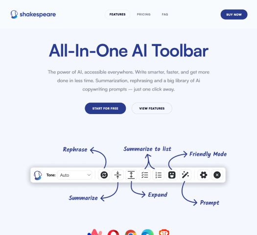 A sleek interface showcases an all-in-one AI writing toolbar with features like summarization, rephrasing, and various prompt options designed to enhance the writing process