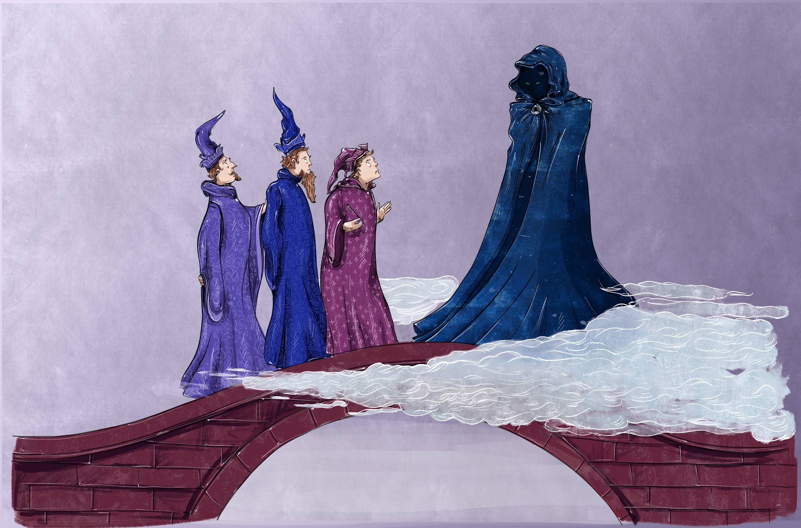 Four figures in colorful robes, three wearing pointed hats and one cloaked in dark attire, appear to converse on a bridge surrounded by clouds.