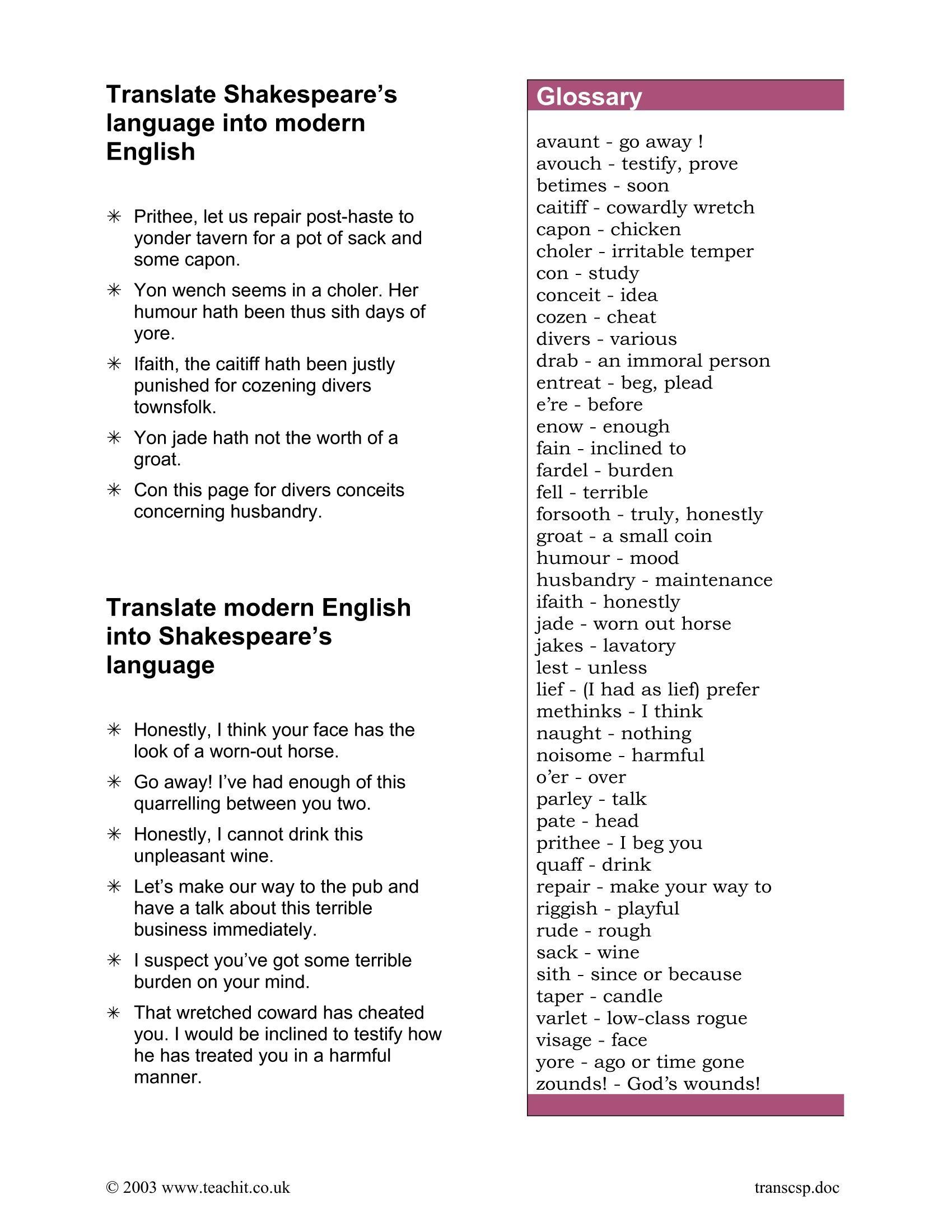 The document features a guide on translating Shakespearean language into modern English, including examples of expressions alongside a glossary of archaic terms and their contemporary meanings.