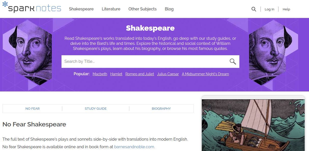 The content highlights resources for studying Shakespeare, featuring translations of his works into modern English and offering guides on popular plays like "Macbeth," "Hamlet," and "Romeo and Juliet."