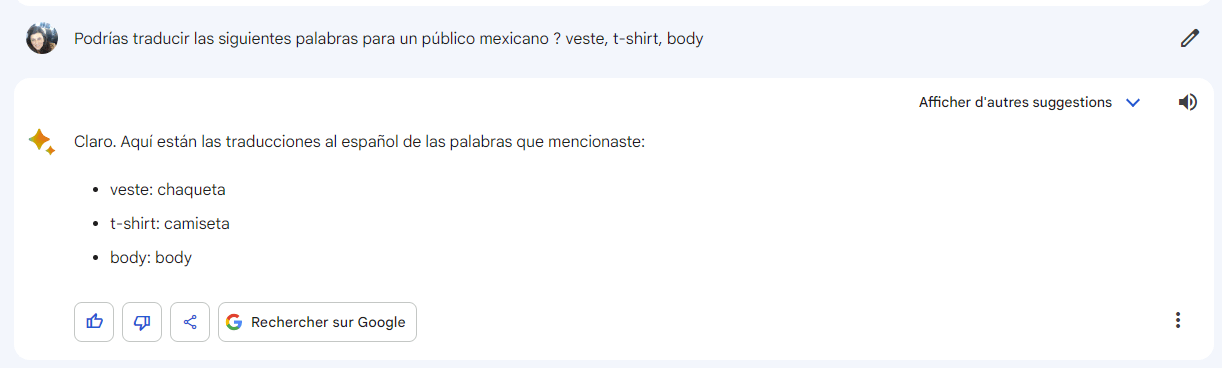 A list of translations from French to Spanish for the words "vest," "t-shirt," and "body" is presented, along with a response confirming the translations.