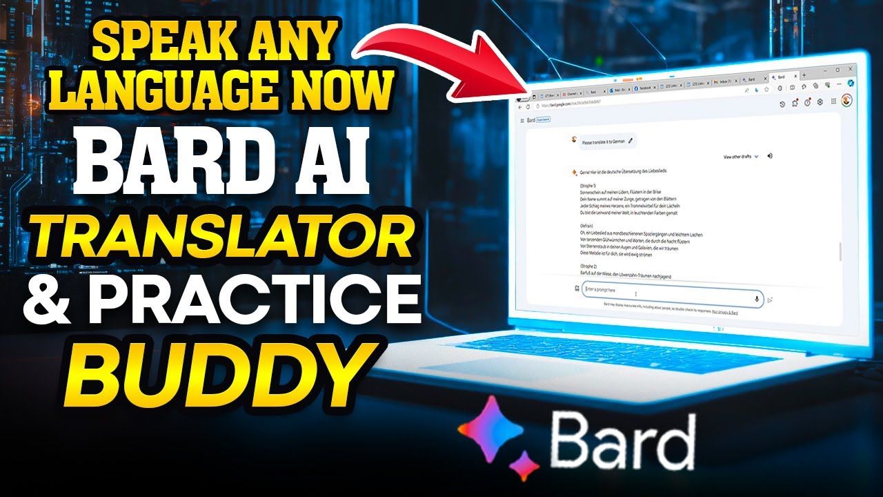 A modern laptop displays a translation interface for using Bard AI, promoting it as a translator and practice companion in multiple languages.