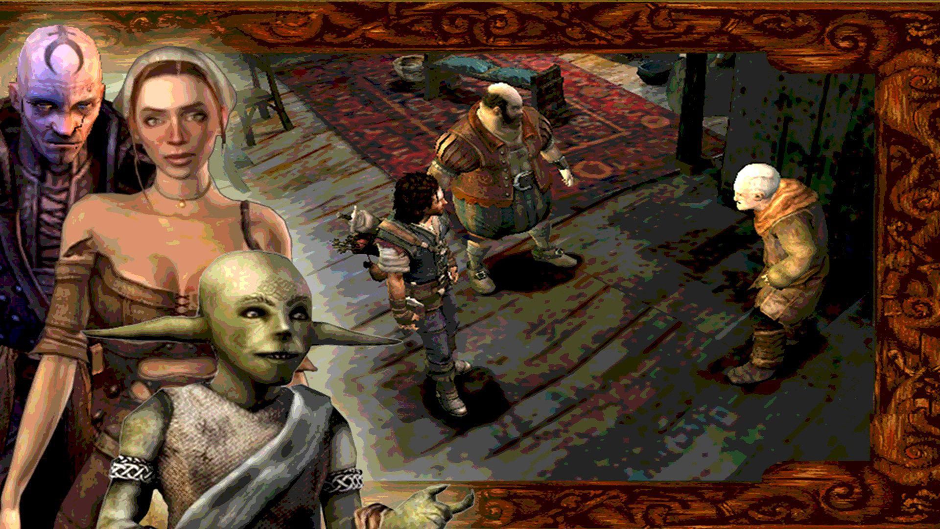 A group of diverse characters, including a green-skinned creature, a woman, and two men, engage in a conversation in a rustic setting filled with various items and an intricate rug on the floor.