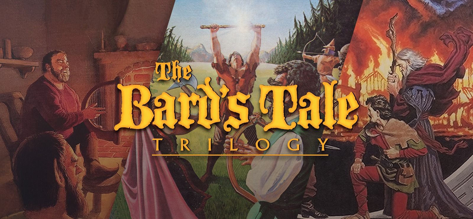 A collection of vibrant illustrations depicts a bard entertaining an audience, a heroic figure wielding a sword, and dramatic scenes of conflict and magic, all framed around the title "The Bard's Tale Trilogy."